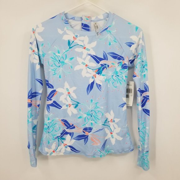 NWT Raisins Swimwear Blue Long Sleeved Floral Rash Guard Size Small - Picture 1 of 11